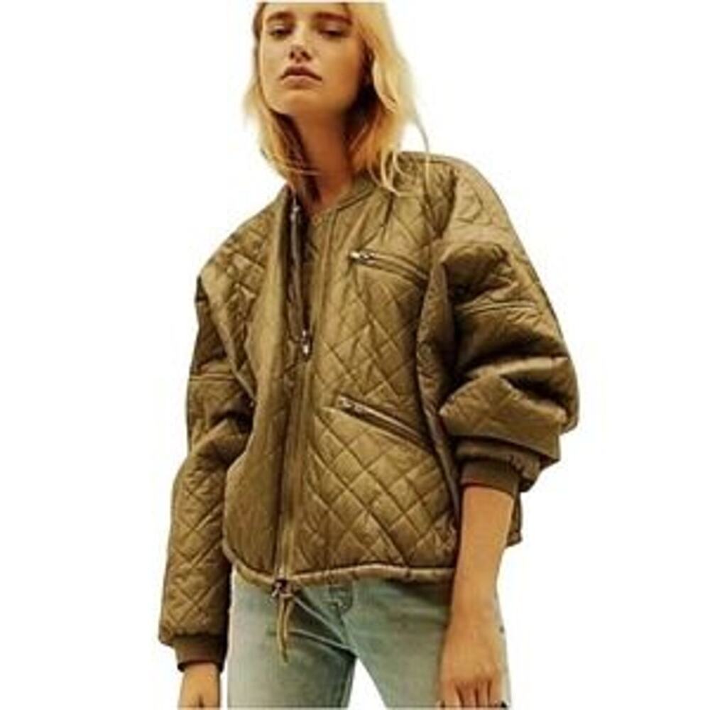 Free People Women Easy Dolman Sleeve Quilted Bomber Full Zip Jacket Size M Green